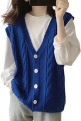 J.STORE ケーブル編み ニット ベスト カジュアル ゆったり きれいめ トップス 通学 Vネック(ブルー,  L)