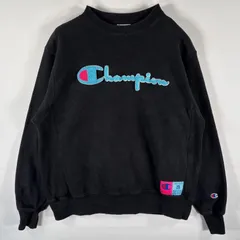 古着 チャンピオン Champion スウェット リバースウィーブ トレーナー クルーネック ビッグロゴ ワッペン刺繍 LARGE  ブラック メンズ