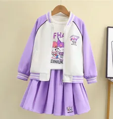 クロミちゃん 女の子 子供服 長袖のスリーピースセット セーター+シャツ＋スカート 3点セット 120-170cm パープル カジュアルファッション かわいい キュート 春 秋 冬