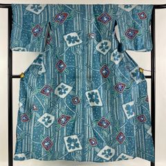 浴衣 名品 絞り浴衣 草花 花菱 青緑 身丈146cm 裄丈63.5cm S 綿 【中古】