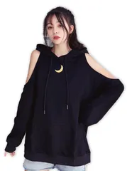 [kanaelun] パーカー フード付き オフショルダー レディース トップス 大きいサイズ フード付き トレーナー ジップアップ スウェット ポケット付き ブラック 長袖 フルジップ ゆったり コート カジュアル ジップパーカー ロゴ [ブラック] [M]