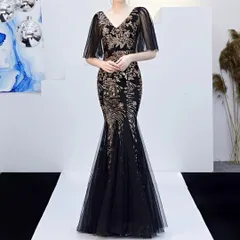 スパンコールのお花のデザインがオシャレな イブニングドレス