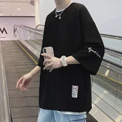メンズTシャツ七分袖トップス（ブラックLサイズ/XLサイズ/2XLサイズ）春夏秋ゆったりおおきめ042