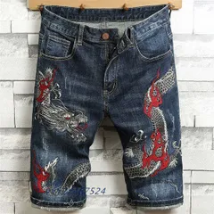 ハーフパンツ デニム メンズ デニムパンツ 刺繍 龍 和柄 ストレッチ ストリート おしゃれ 和風 ジーンズ ダメージ スリム 短パン ショートパンツ  xzdssvh