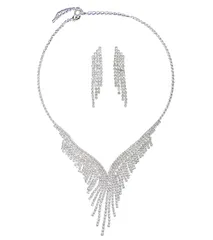 【在庫処分】パーティー 結婚式 お呼ばれ イヤリング又はピアス２点セット ラインストーン 謝恩会 ネックレス