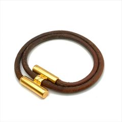 良品 HERMES エルメス トゥル二ス バングル ブレスレット レザー ゴールド H アクセサリー k6043