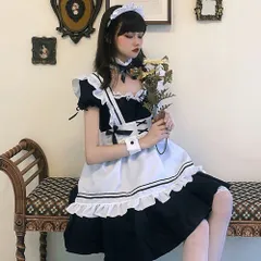 ☆ ブラック ☆ XLサイズ ☆ メイド服 コスプレ ロリータ メイド服 コスプレ ロリータ 半袖 ドレス ワンピース 衣装 コスチューム 仮装 女装 フリル メイド カチューシャ付き セット かわいい 可愛い レディース 女の子 女性 大人 宴会 イベント