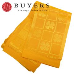【中古】 半幅帯 ポリエステル 黄色 小袋帯 四つ葉のクローバー 格子 和装 呉服 和服 きもの レディース 女性
