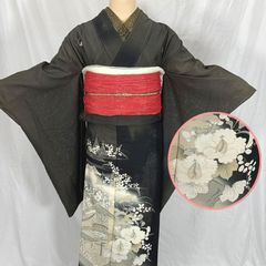 正絹 アンティーク着物 絽 黒留袖 夏着物 千鳥柄 三つ紋 リサイクル着物 黒留袖 中古 正絹 五つ紋 比翼付き 結婚式 加賀
