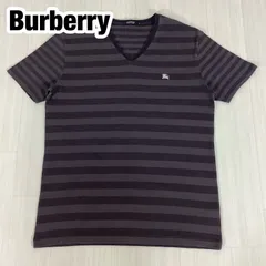 Burberry BLACK LABEL バーバリー ブラックレーベル Vネック 半袖Tシャツ サイズ3 ボーダー チャコールグレー×ブラック 刺繍 ホースロゴ 三陽商会 着丈68cm 肩幅45cm 身幅(脇下)51cm 袖丈19cm【古着】