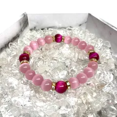10mm キャッツアイ(ピンク)×ピンクタイガーアイ  パワーストーン ブレスレット （ゴールド） メンズ・レディース [TIME]