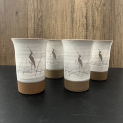 【4個セット】陶器フリーカップ　鷺文様　粉引　ビアマグ