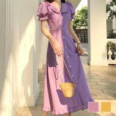 フリルワンピース レディース カジュアル 春 夏 秋 韓国ファッション 10代 20代 30代 ガーリー 可愛い ボタン パフスリーブ リボン 半袖