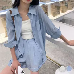 セットアップ レディース シースルー パンツ ショートパンツ ブラウス 長袖 無地 シアーブラウス ゆったり ワイドパンツ ハイウエスト 夏 バカンス 海 カジュアル おしゃれ ブルー ホワイト