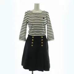 バーバリーブルーレーベル BURBERRY BLUE LABEL ワンピース 七分袖 ひざ丈 ボーダー柄 クルーネック 金ボタン ロゴ 刺繍 38 M 紺 ネイビー 白 ホワイト /XZ ■GY18