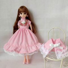 リカちゃんハンドメイド服☆レースたっぷりくすみピンクドレス