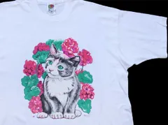 00s キャット フラワー アート Tシャツ 白 XL★オールド ホワイト ネコ アニマル イラスト ユニセックス オーバーサイズ ビッグサイズ
