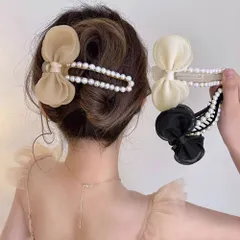 シフォン サイド バンスクリップ 大きめ レディース おしゃれ ヘアアクセサリー 二次会 髪飾り 大人可愛い ゴージャス 蝶結び オフィス 結婚式 ヘアクリップ フェミニン お出かけ ヘアアクセ フェイクパール付き まとめ髪 挟むだけ 98XIYAN-001