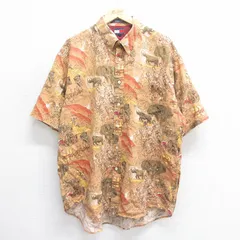 XL/古着 トミーヒルフィガー 半袖 ブランド シャツ メンズ 90s ワンポイントロゴ サイ ゾウ 大きいサイズ ロング丈 リネン ボタンダウン 茶