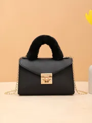 バッグ レディース ハンドバッグ ソフトフェイクファー チェーンストラップ クロスボディバッグ、ふわふわ質感のカジュアルショッピング スクエアショルダーバッグ、秋冬用