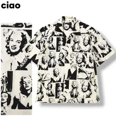 チャオ ciao マリリン モンロー MARILYN MONROE 半袖 開襟 オープンカラー シャツ ボックスシルエット L 総柄 ホワイト x ブラック アート フォト デザイン アメリカン カジュアル メンズ