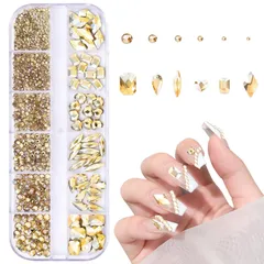 【新品未開封】 女性 飾り デート フェスティバル DIYネイル 立体 水滴形 ガラスストーン ひし形 ハート ラインストーン キラキラ 大容量セット 12種類】 箱入り AB ネイルパーツ【約1130個入り ラインストーン(シャンパン色)