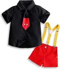 MTP & Style キッズ コーデ サスペンダー ネクタイ セットアップ 子供服 コスチューム おでかけ 記念写真 半袖(110)