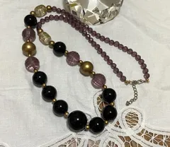 大玉×ラウンドカットビーズ ロングネックレス ブラック×薄紫藤色×ゴールド