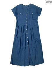 古着 前開き スリット 無地 リネン ロング丈 半袖 ワンピース 青 (otu2506095)