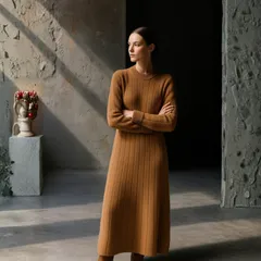 dt052《アンドレマウリーチェ》上質なカシミヤ混リブニットワンピース/レザーの袖包みボタン/イタリア製/M/レディース/アンドレモーリスアトリエ/ロロピアーナやブルネロクチネリお好きな方も