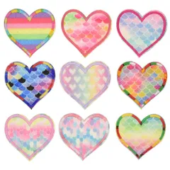 ワッペン アイロン刺繍 MUNCVY アップリケ DIY服 グラデーション 人魚のうろこ 美しい ハート型 モチーフ カワイイ 装飾 男の子 女の子 保育園 幼稚園 パッチ 補修 9枚セット 衣類 浴衣 手袋 手帳 飾り