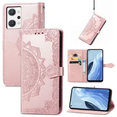 A au Reno7 OPG04 ケース 手帳型 に適用するOPPO ノートブック型携帯電話保護カバー多機能携帯電話ホルスター財布携帯電話ホルダーバンプパターンテクスチャ耐久性摩擦耐性携帯電話ケース男性と女性に適した多色オプション (マンダラローズゴールド)