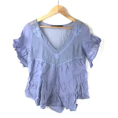 ザラベーシック ZARA BASIC カットソー 半袖 薄手 Vネック フリル 刺繍 メッシュ 綿100％ くすみブルー系 Mサイズ 2025032500241