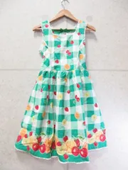 【美品】Shirley Temple シャーリーテンプル フルーツ プリント ジャンパースカート ワンピース 綿 コットン チェック 140 グリーン