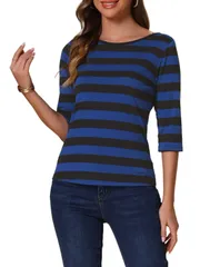 Allegra K ボーダー tシャツ トップス ストライプ 横縞 七分袖 丸首 カジュアル ハロウィン衣装 レディース ダークブルー S