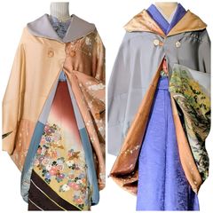 新品未使用リバーシブル着物リメイクモモンガコート羽織り 黒絵羽織着物リメイク/モモンガKIMONO羽織(朱赤菊と扇) 2way