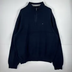 古着 トミーヒルフィガー TOMMY HILFIGER 長袖 ニット ハーフジップ ワンポイント セーター 大きいサイズ XXL  ネイビー 無地 メンズ