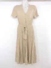 ◇ ◎ SAISON DE PAPILLON セゾンドパピヨン リブ 半袖 膝下丈 ニット ワンピース サイズM ベージュ レディース E  【1303200007947】