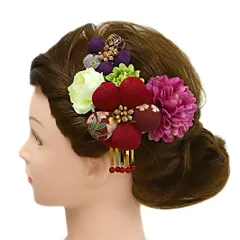 髪飾り 成人式 赤 振袖 前撮り 袴 花 3点セット 臙脂 紫 ピンク ゴールド 白 ちりめん ビラ ビラ簪 花魁 和柄 ビーズ かんざし No.9-5096