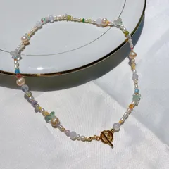 【限定1点サージカルステンレス】淡水パールと天然石のネックレス B 42cm