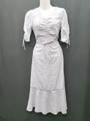 ◇ ⊂ tocco closet シャーリング ドロストスリーブ ギンガムチェック 半袖 ワンピース サイズM パープル レディース P  【1409090009211】