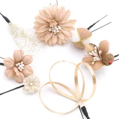 髪飾り 成人式 振袖 前撮り 袴 花 7点セット ベージュ 茶 白 ゴールド 花 組紐 ちりめん 玉飾り レース ニュアンスカラー かわ No.12-0372