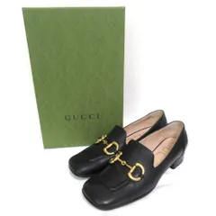 美品 GUCCI グッチ ホースビット スクエアトゥ モカシン ヒールローファー シューズ 700064 37.5 約24.5cm ブラック×ゴールド金具 レディース 古着 中古 USED
