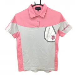 【超美品】パーリーゲイツ 半袖ポロシャツ ピンク×ライトグレー スナップボタン 胸ポケット付 レディース 1(M) ゴルフウェア PEARLY GATES