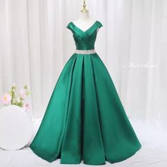 カラードレス プリンセスライン グリーン サテン フレンチスリーブ ロングドレス ウェディングドレス 結婚式 二次会 花嫁 前撮り 演奏会 発