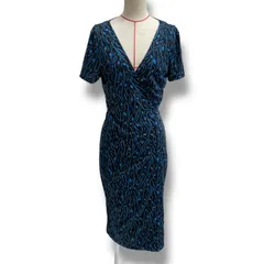 DIANE VON FURSTENBERG ダイアンフォンファステンバーグ 総柄ワンピース ドレス タイトワンピース ラップワンピース 半袖 リボン シルク 絹 ブルー ブラック 青 黒 サイズ4 レディース 夏 ゴーゴー古着久喜倉庫店 No.1147