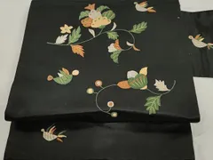 平和屋着物●アンティーク　大正ロマン　九寸名古屋帯　総刺繍　花唐草文　黒地　金糸　正絹　逸品　CAAX9532yk