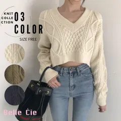 ニット バックリボン プルオーバー トップス ケーブル Vネック レディース 韓国ファッション ショート丈 短丈 おしゃれ クロップド シンプル 柄