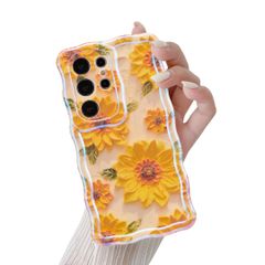 ギャラクシーS25 Ultra Ultra ケース ウェーブ おしゃれ ケース 韓国 可愛い S25 花柄 薄型 Galaxy 軽量 耐衝撃 スマホケース 対応 ワイヤレス充電対応 ストラップホール付き QLTYPRI - イエロー