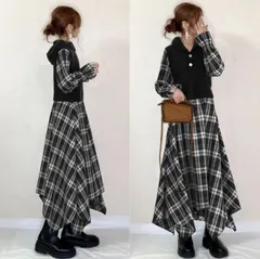 チェック 未使用 レディース ワンピース 長袖ワンピース フリルネック ベスト風 Aライン ミレモ丈 レディース 大きいサイズ  デート 女子会 発表会 xzzhang585